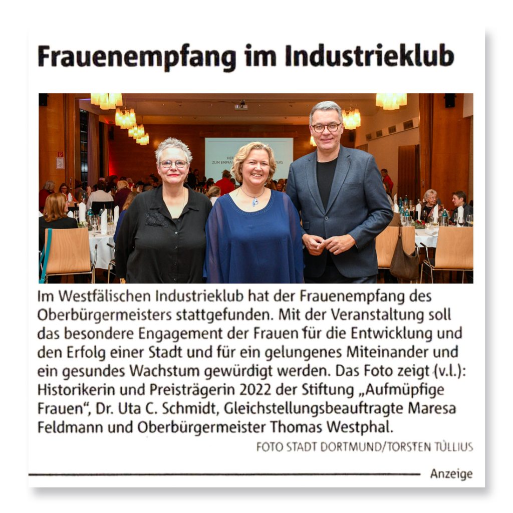 Frauenempfang des Dortmunder Oberbürgermeisters mit Uta. C. Schmidt. Bericht in den Ruhrnachrichten vom 16.02.2023