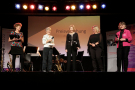 Preisträgerinnen auf der Bühne: Kristina Hänel,  Helga Seyler,  Sylvia Groth. Daneben Maresa Feldmann, Gleichstellungsbüro Dortmund und Sigrid Metz-Göckel